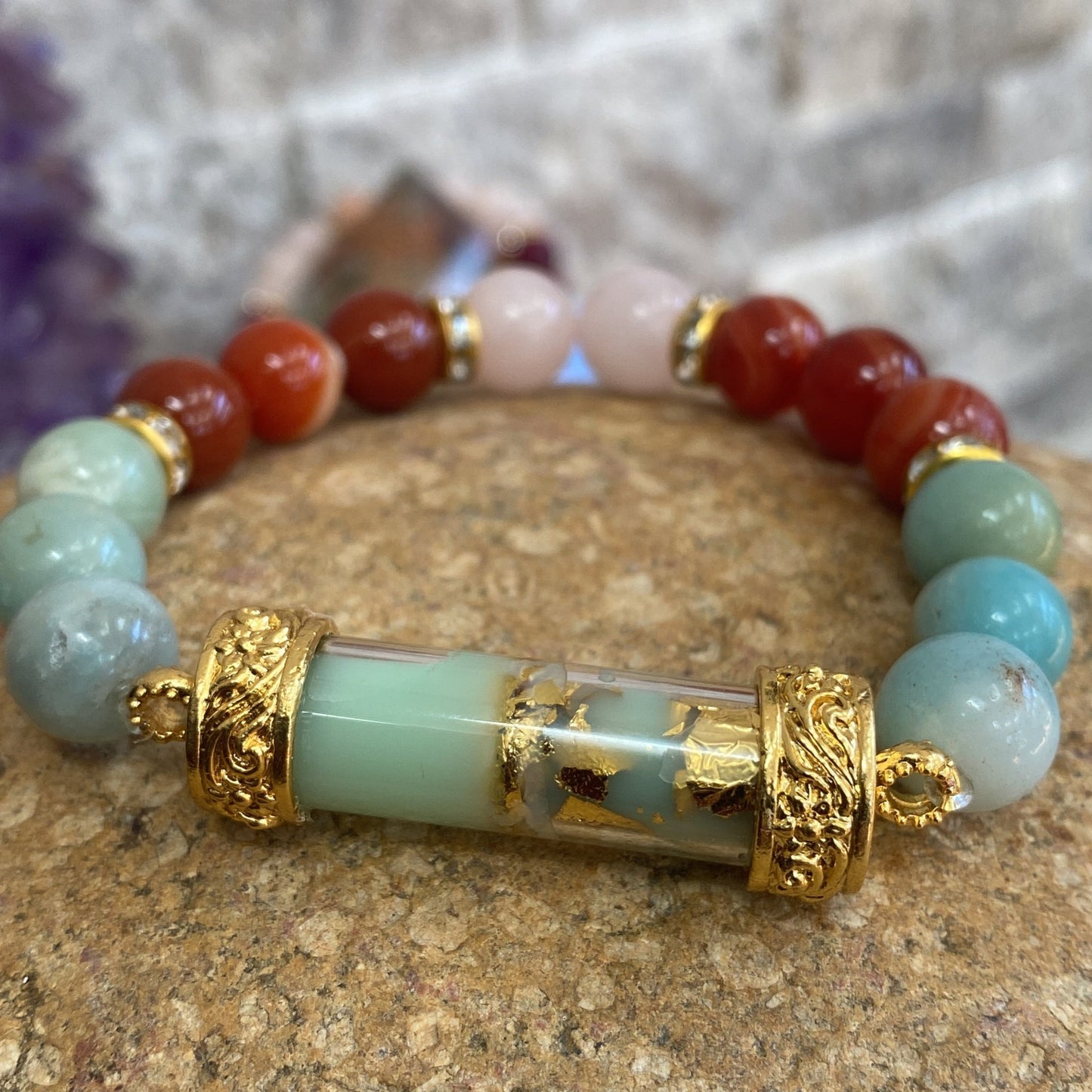 Blue Wax With Gold Leaf Amulet & Crystal Bracelet