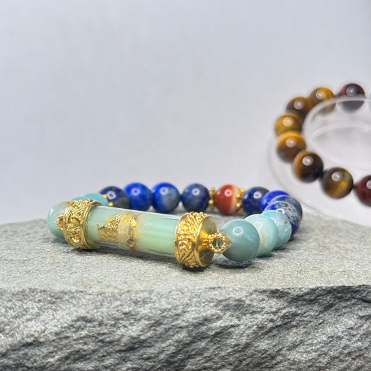 Blue Wax With Golden Leaf Amulet & Crystal Bracelet