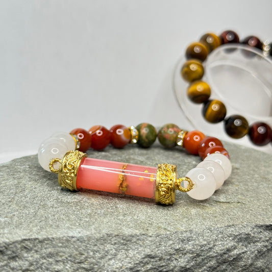 Pink Wax With Gold Leaf Amulet & Crystal Bracelet